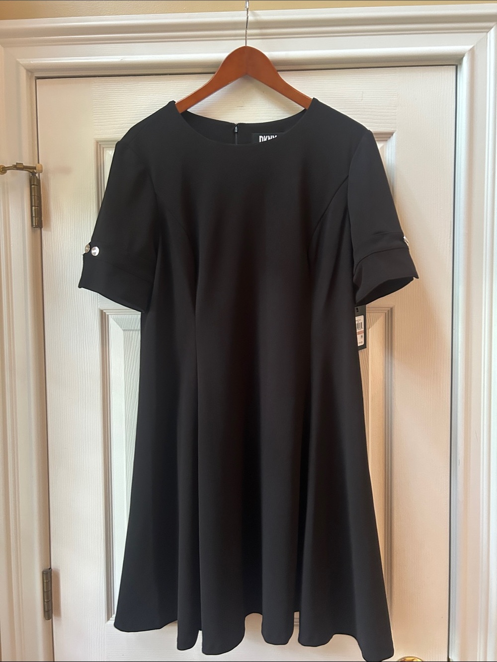 NEW DKNY Black Short-Sleeve Midi A-Line Dress with Silver Accent Sleeves
